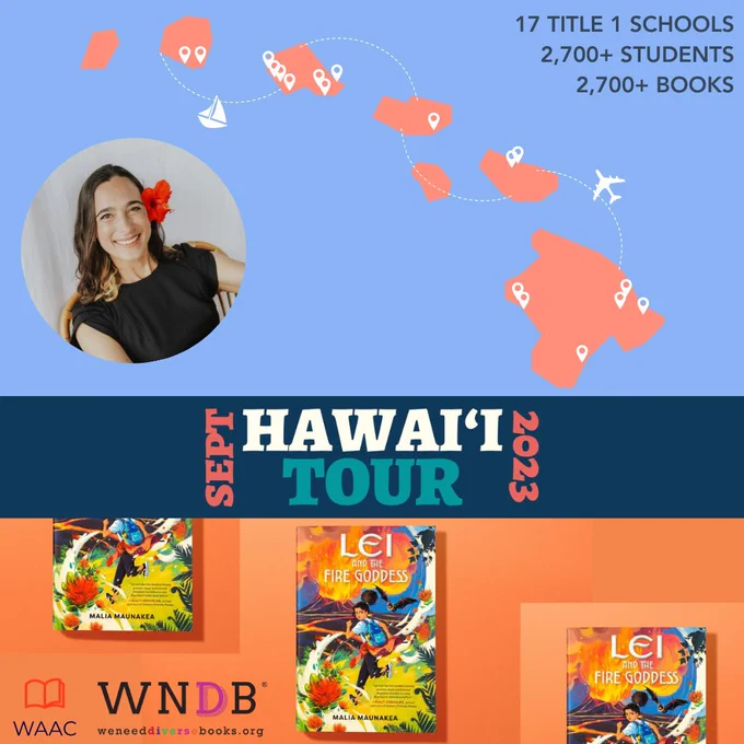 A graphic with a map of Hawai'i with Malia's tour stops and the cover of her book Lei and the Fire Goddess