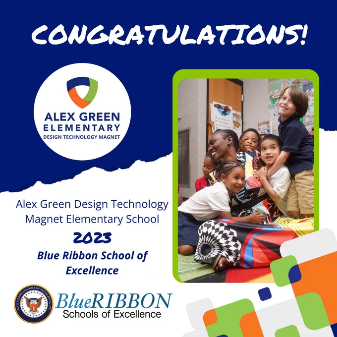 Social graphic with image of Alex Green teacher with students and Blue Ribbon Schools of Excellence logo