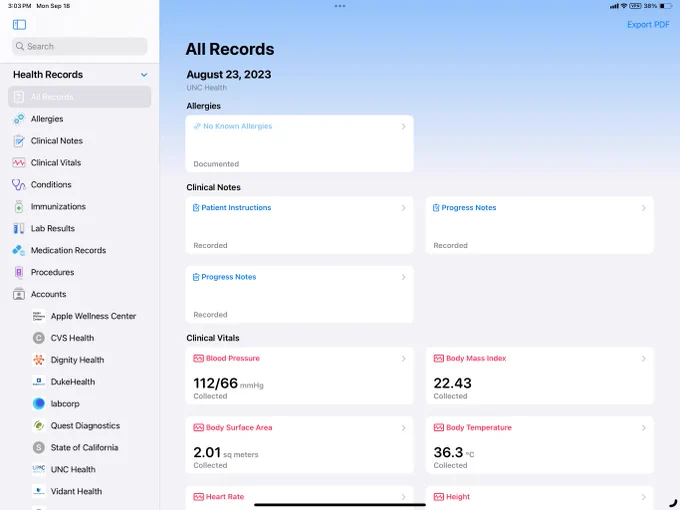 A view of the new Health app on iPad, available in iPadOS 17. This view displays a user's health records on a timeline. This timeline currently displays the user's allergies, clinical notes, and clinical vitals. The user is connected to many different accounts from different healthcare organizations.