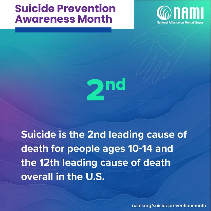 Infographic reads: Suicide is the 2nd leading cause of death for people ages 10-14 and the 12th leading cause of death overall in the US
