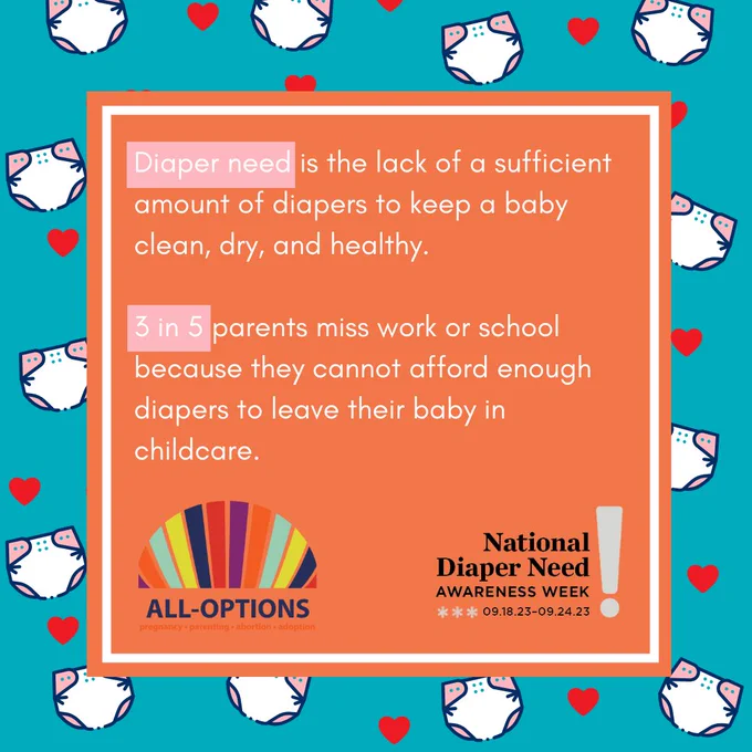 Graphic contains an orange square on top of a teal background with a pattern of diapers and hearts. Inside the square reads text "Diaper need is the lack of a sufficient amount of diapers to keep a baby clean, dry, and healthy. 3 in 5 parents miss work or school because they cannot afford enough diapers to leave their baby in childcare." Below text are All-Options and National Diaper Need Awareness Week logos. 