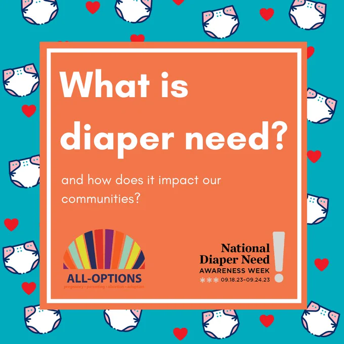 Graphic contains an orange square on top of a teal background with a pattern of diapers and hearts. Inside the square reads title "What is diaper need?" followed by subtitle text, "and how does it impact our communities?" Below text are All-Options and National Diaper Need Awareness Week logos. 