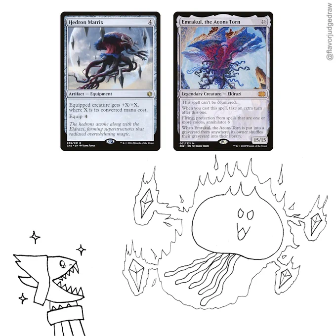 MTG flavor judge drawing depicting the cards Hedron Matrix and Emrakul, the Aeons Torn: The Eldrazi titan Emrakul flies through the sky. Four hedrons surround Emrakul, powering her with beams of glowing energy. Emrakul has fierce eyes and a confident OwO smile. On the ground in the lower corner, a small kobold stares up at the sight with shining eyes, his mouth wide open in an awed, toothy grin.