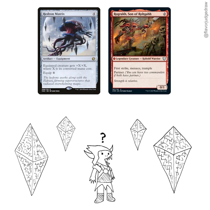 MTG flavor judge drawing depicting the cards Hedron Matrix and Rograkh, Son of Rohgahh: Continuing on from the previous drawing, the kobold and hedrons stand in the same position as before. The hedrons remain still, with no glow visible. The kobold's mouth remains open, but his eyes have stopped shining, and small worried eyebrows have appeared above them. A question mark appears above the kobold's head.