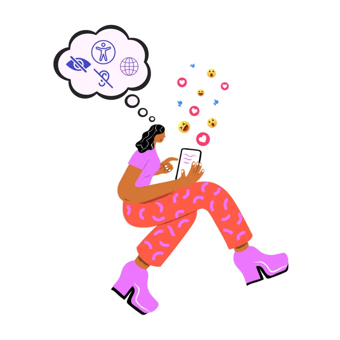 A woman holding a smartphone and receiving reactions, with a thought balloon over her head containing icons on accessibility.