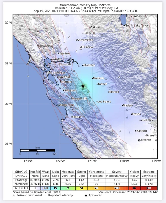 ShakeMap from the M 4.4 Westley earthquake