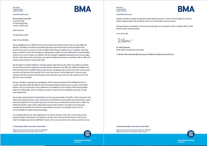 The letter from BMA consultant committee chair Vishal Sharma to Rishi Sunak, dated 18 September 2023.