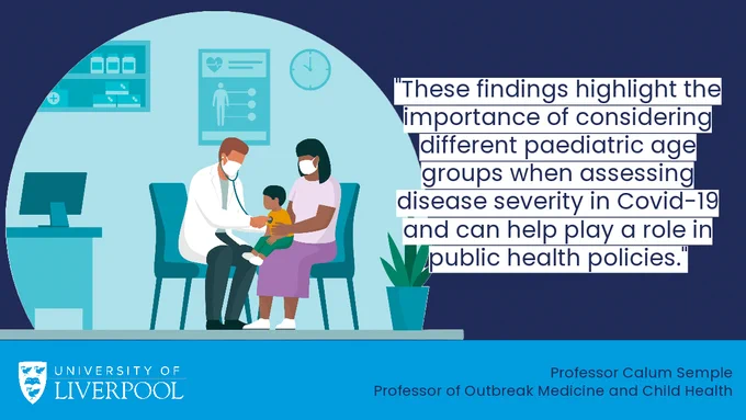 An illustration of a doctor using a stethoscope on a child sitting on a mother's knee. Text overlaid reads: "These findings highlight the importance of considering different paediatric age groups when assessing disease severity in Covid-19 and can help play a role in public health policies." Professor Calum Semple, Professor of Outbreak Medicine and Child Health