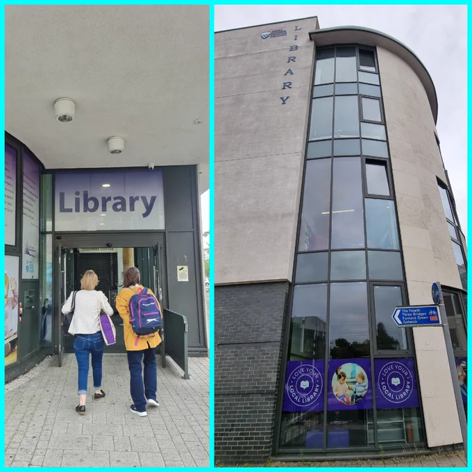 Image shows YLGSEA Committee Members walking through the libraries entrance as well as a an image of the library building.