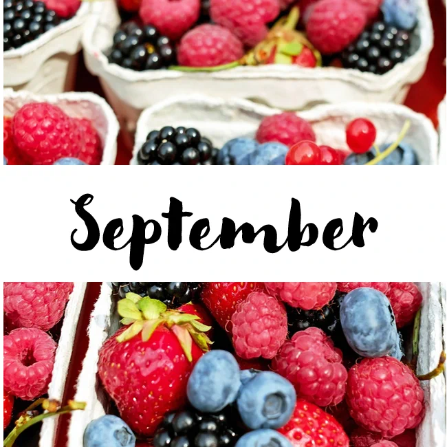 The background is a punnet of summer fruit. A white banner contains the word "September".