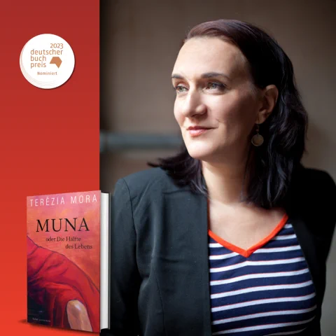 Porträt der Autorin Terézia Mora und Coverabbildung des Buches "Muna oder die Hälfte des Lebens"