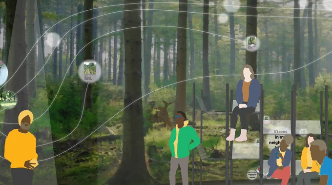 Illustration of a gathering of people discussing and deliberating in a wood with highlights and lines connecting up various non-human species
