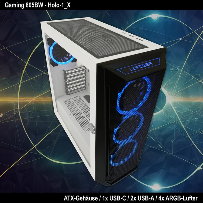 Bild zeigt das LC-Power Gaming-Gehäuse 805BW Holo-1_X