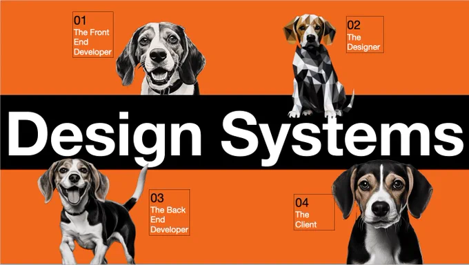 An image representing the different stakeholders in a design system team as beagles. It's in the theme of a trainspotting poster.