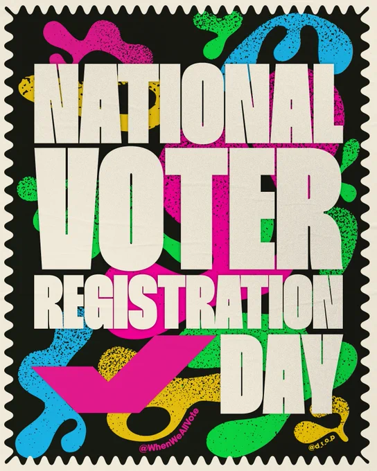 Illustration of a graphic in the shape of a stamp. Graphic says, "National Voter Registration Day"