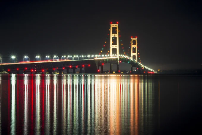 Mackinac Bridge at night.
