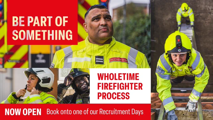 A graphic showing some of our firefighters with the words: "Be part of something. Wholetime firefighter process now open. Book onto one of our Recruitment Days"