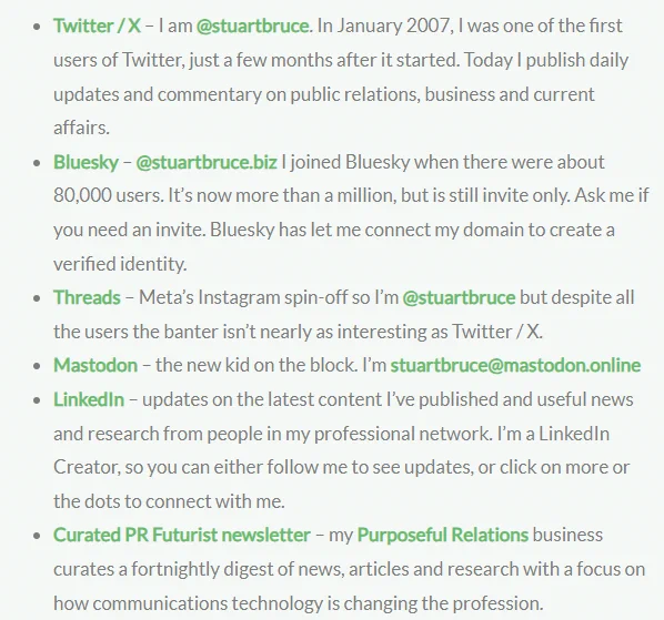 Screen grab of my handles on Bluesky, Mastodon, Threads and LinkedIn.