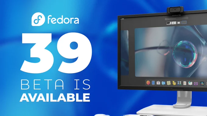 Graphic with monitor displaying Fedora 39 with the copy "Fedora 39 Beta is available"