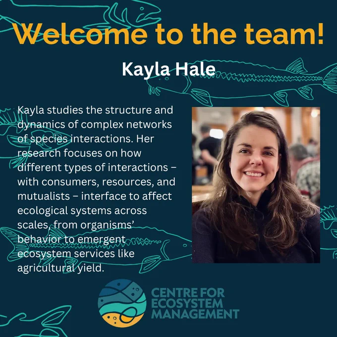  Headshot of Kayla Hale on a navy background with text “Kayla studies the structure and dynamics of complex networks of species interactions. Her research focuses on how different types of interactions – with consumers, resources, and mutualists – interface to affect ecological systems across scales, from organisms’ behavior to emergent ecosystem services like agricultural yield.”