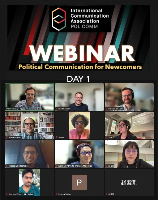 Two screenshot of the zoom meeting rooms for the webinar for newcomers to ICA's Political Communication Division. 