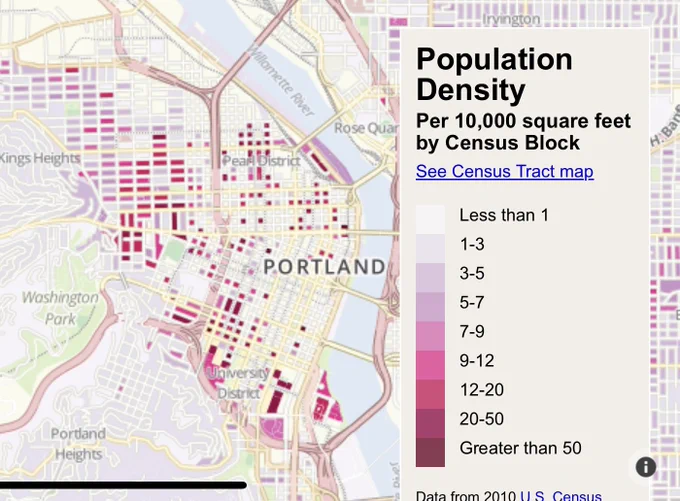 Map image with legend, "Population density: per 10,000 square feet by Census Block." The image centers on Downtown Portland, and shows that neighborhoods like Slabtown and NW 23rd are much more densely populated than downtown. Data from 2010 US Census