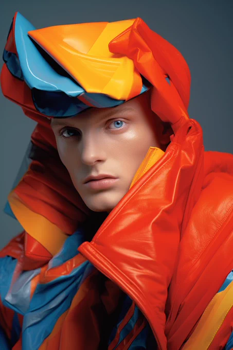 Man wearing a multicolored jacket, staring at the camera, made with Midjourney and Photoshop