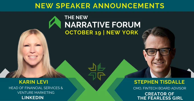 🔊  We couldn't wait to share the news with you 🔊   Karin Levi of LinkedIn and Stephen Tisdalle of The Fearless Girl fame have joined our speaker roster at The New Narrative Forum. 💥 It's a real honor to have you speak and host a fireside discussion with Alice Milligan of Morgan Stanley.

Learn more about the speakers, program, and tickets here: 
https://financialnarrative.org/page/new-narrative-forum