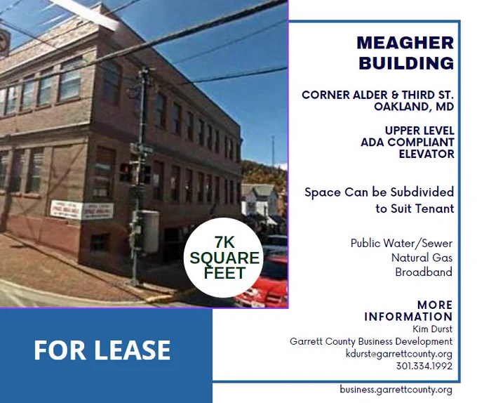 For Lease - Meagher Building - 7,000 sf. Corner Alder & Third St., Oakland, MD. Upper level ADA compliance; elevator. Space can be subdivided to suit tenant. Public water/sewer, natural gas, broadband.