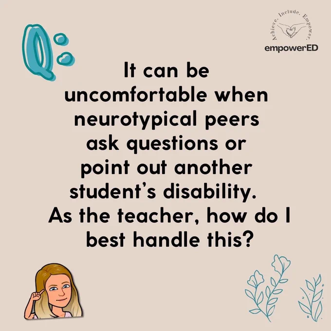 A cartoon of a blonde woman is pointing to her brain and thinking. A question is centered on a beige background with teal flowers.