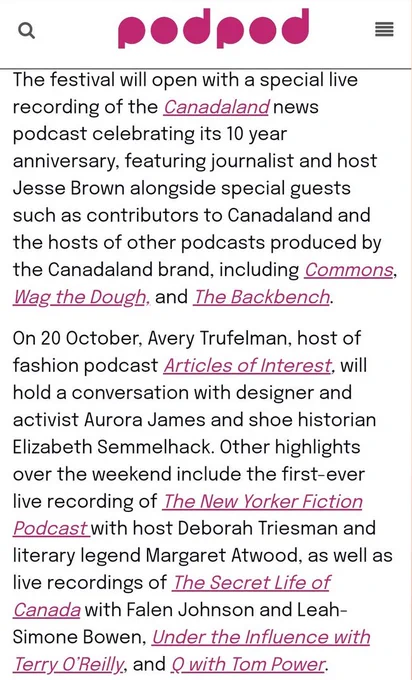 A screenshot from PodPod talking about the Hot Docs Podcast Festival