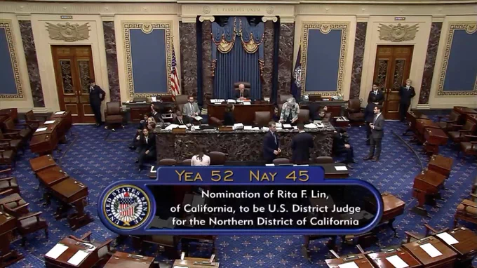 Image of the Senate floor shows the vote tally, which was 52-45.