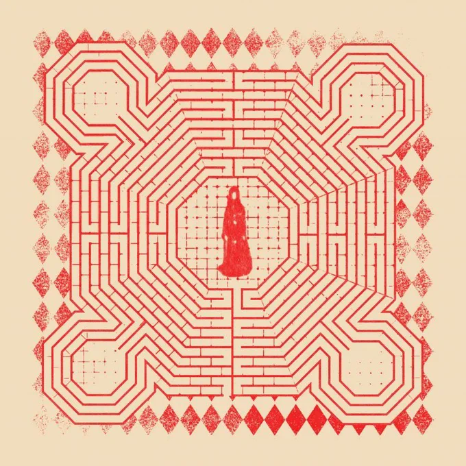 A red line drawing of a maze with the figure of a person standing in the centre.