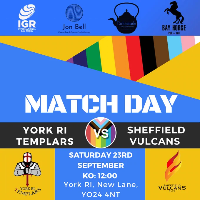 Match day announcement: York RI Templars vs Sheffield Vulcans. Saturday 23rd. Kickoff at 12:00. York RI, New Lane, YO24 4NT.