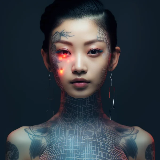 biometric hologram tattoo makeup style | portrait of an chinese woman | polaroid shot | glasscore filter --style raw --s 150
