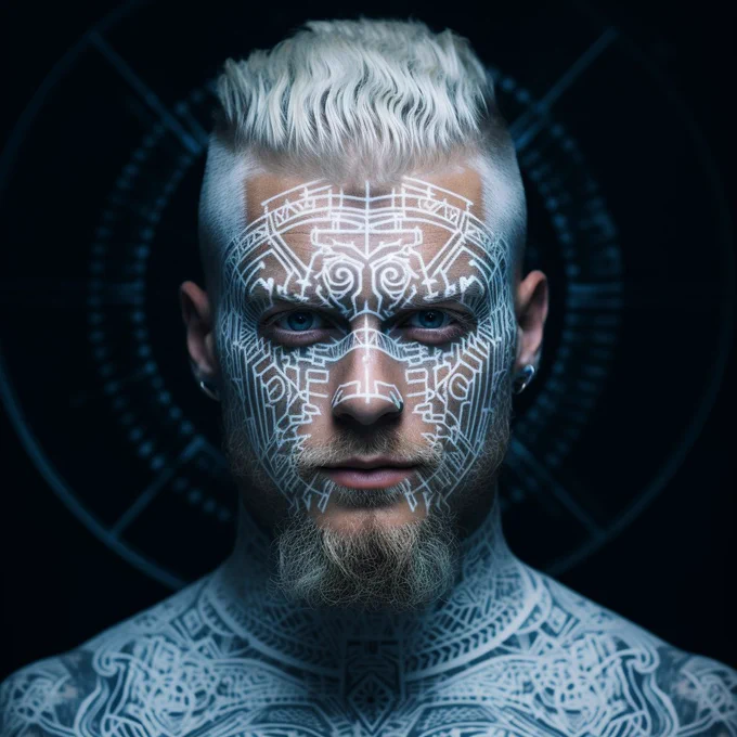 biometric hologram tattoo makeup style | portrait of a nordic man | polaroid shot | glasscore filter --style raw --s 150 