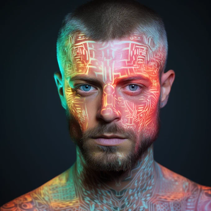biometric hologram tattoo makeup style | portrait of a caucasic man | polaroid shot | glasscore filter --style raw --s 150