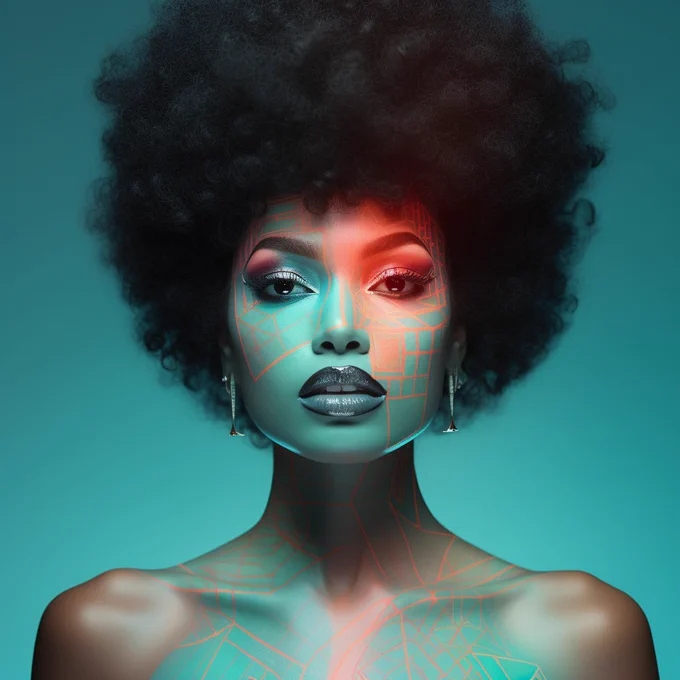 biometric hologram tattoo makeup style | portrait of an afro woman | polaroid shot | glasscore filter --style raw --s 150
