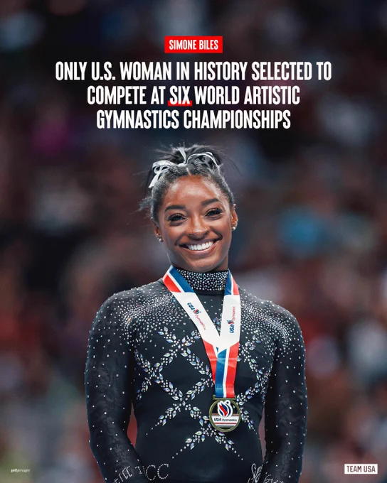 A graphic that pictures U.S. gymnast Simone Biles and reads, "Only U.S. woman in history selected to compete at Six World Artistic Gymnastics Championships." 