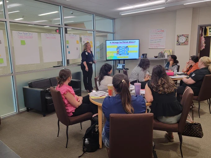 EMS ISD CTE induction teachers participate in a group discussion on effective learning environments.