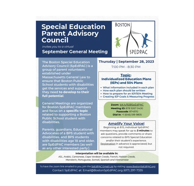 Sept 28 SPEDPAC flyer: meeting about IEPs and 504 Plans on Zoom