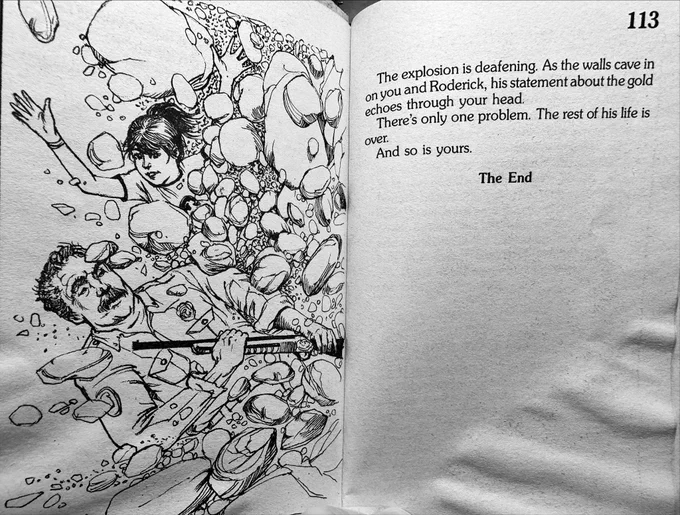 Photo of Choose Your Own Adventure book interior, showing a cave in at a mine