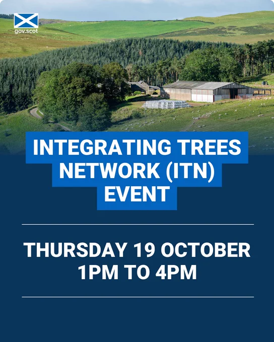 Photograph of Southfield Farm in Hawick and the woodland surrounding it. On top of the image are the words Integrating Trees Network (ITN) event, Thursday 19 October, 1pm to 4pm