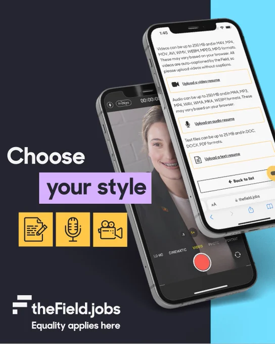 Black background with two overlapping phones: one displays a video record button, while the other showcases the Field's website with various resume options. The prominent text reads 'Choose your style' with yellow icons depicting a resume, microphone, and camera beneath the text.