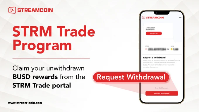 🔈 Attention, STRM Trade Program users!

📧 If you have any $BUSD rewards unwithdrawn from the trade portal, you can submit a withdrawal request to receive them in your @Aladdinpro_ .

👉🏼 Here’s how to do it:

1. Sign in to your account on STRM Trade.
2. Go to the Rewards Withdrawal tab.
3. Enter the #BUSD amount as shown in the “Available for Withdrawal” section.
4. Click Request Withdrawal.
5. You’ll receive an email with an OTP. Enter the OTP and click Verify.
6. Once the request is processed, you’ll receive the BUSD rewards in your Aladdin Pro.

🌐 For further assistance, please contact us at support@stream-coin.com

Note: The BUSD rewards accumulation ended on Sep 13 at 12:45 PM (GST).

#StreamCoin #STRM #STRMTrade #AladdinProWallet #Tradeprogram #cryptotrading #CryptoCommunity #withdrawal 