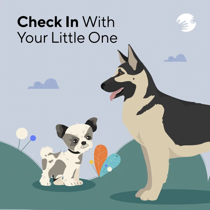 An illustration of an adult dog standing next to a puppy on a green hillside with blue sky in the background. Text on the graphic reads "Check In With Your Little One." The Office of Early Childhood logo is in the corner.