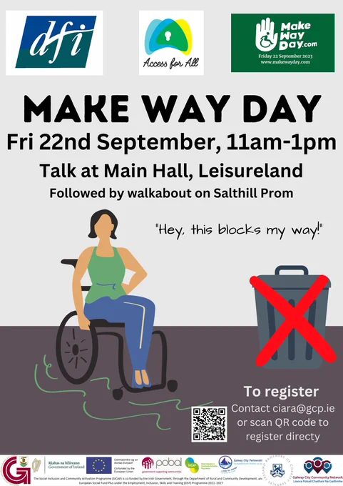 Make Way Day event poster for Galway on Friday 22 September. Eventbrite link is in the tweet. Picture shows a wheelchair user whose route is being blocked by a wheelie bin