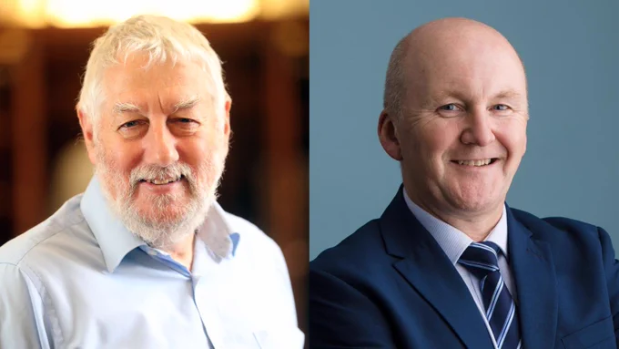 Side by side headshots of Prof. Graham Hutchings, left, and Dr. Wyn Meredith.