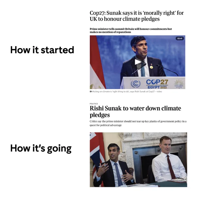 How it started: [Newspaper clipping that reads “Sunak says it is ‘morally right’ for UK to honour climate pledges”]

How it’s going: [Newspaper clipping that reads “Rishi Sunak to water down climate pledges”]