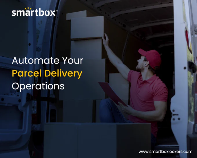 A man in the logistics van with multiple packages in the background and text 'automate your parcel delivery operations'